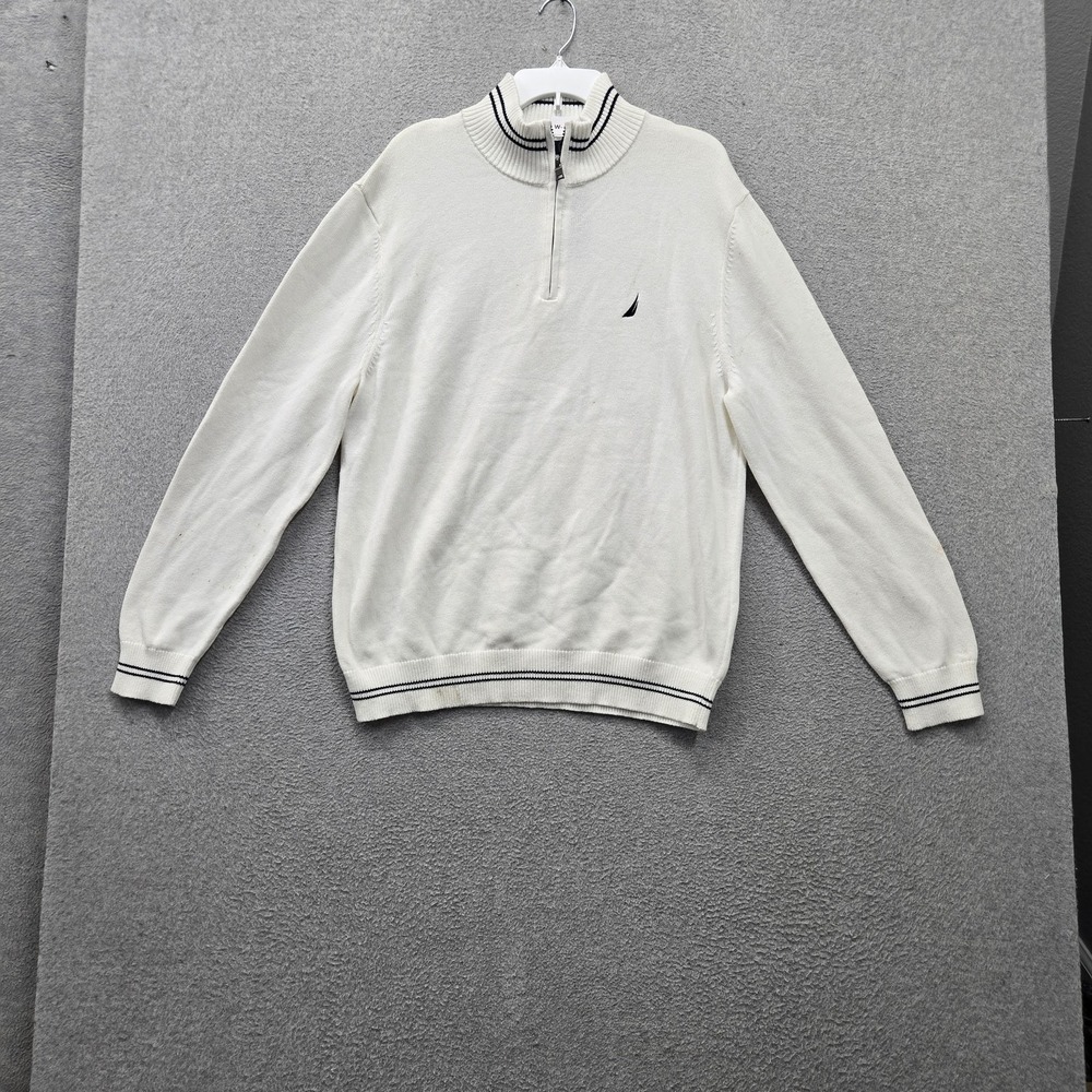 Nautica Men Sweater XL White Striped Logo Embroidered 1/4 Zip Mock Neck NWT READ